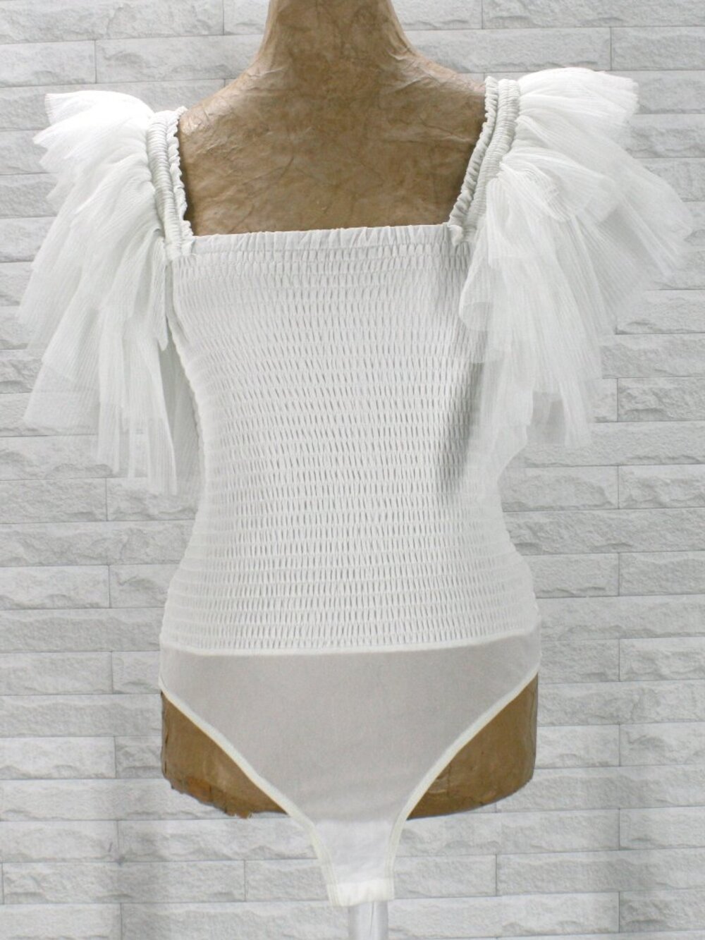 Bodysuit Shirred Statement Ruffle Layered Sleeves Bachelorette Party Top White S